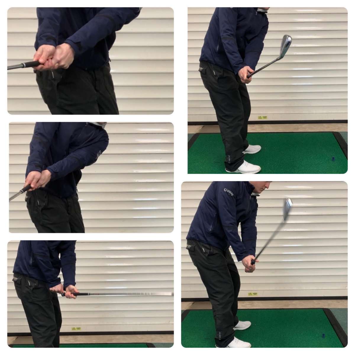 Golf swing sequence demonstrating correct wrist hinge technique from setup through backswing for improved ball striking