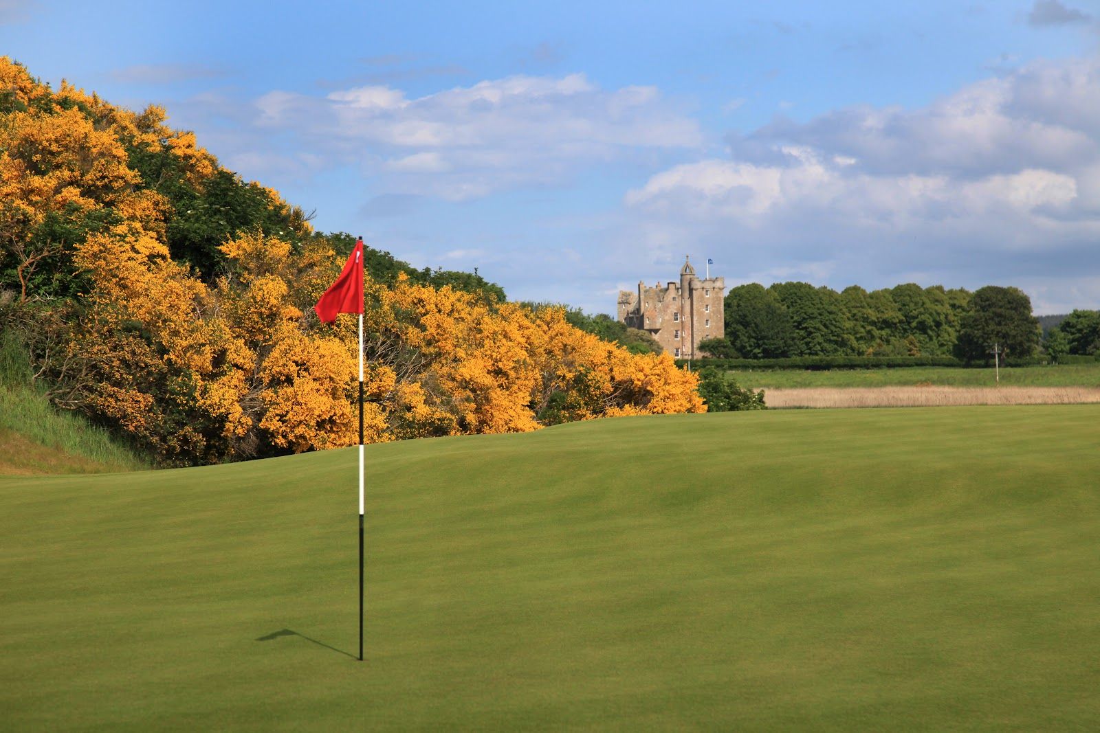 A golf green with a red flag in the foreground, bordered by golden gorse bushes, with a medieval castle visible in the background.