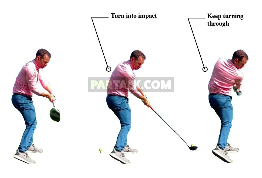 A man in a pink shirt and blue pants illustrates three key swing stages: pre-impact, impact, and follow-through, with labeled arrows showing body rotation.